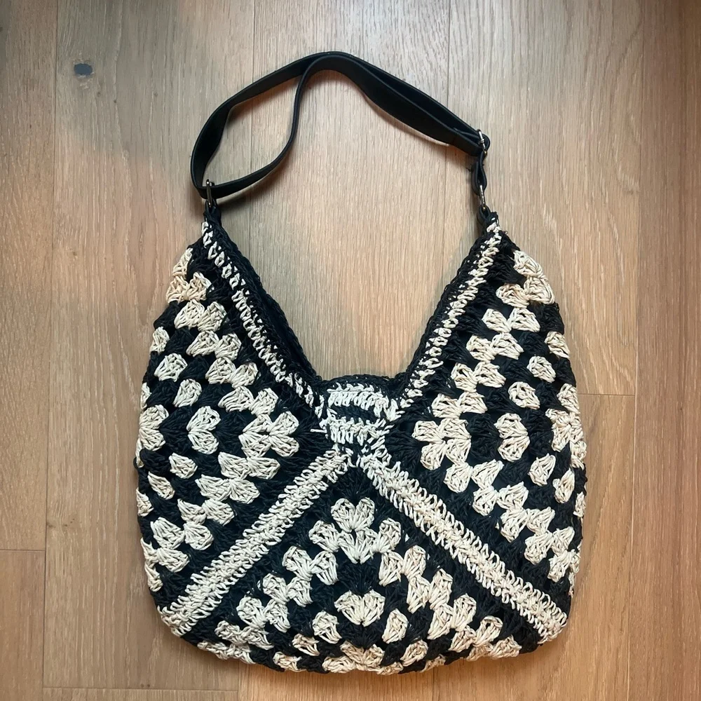 Handcrafted Black and Cream Crochet Hobo Bag